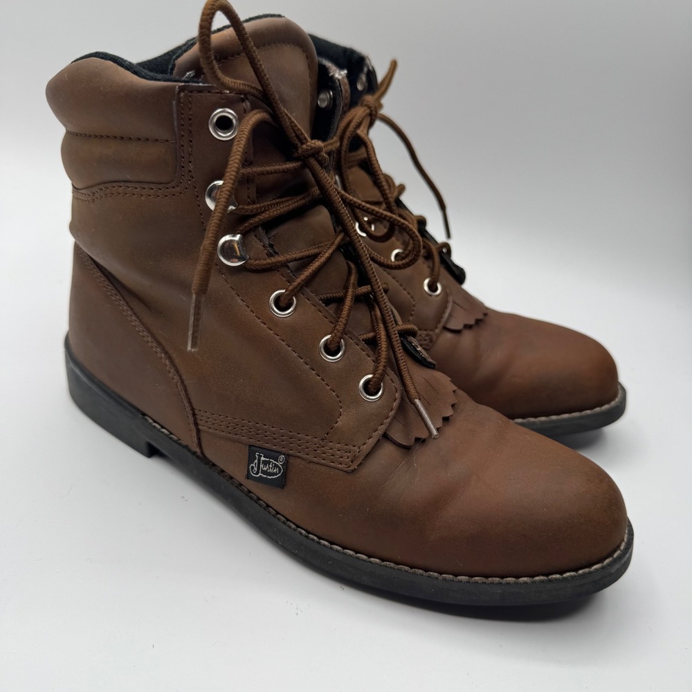 Justin Basics Brown Leather Kiltie Lace Up Work Boots Mens 6 C